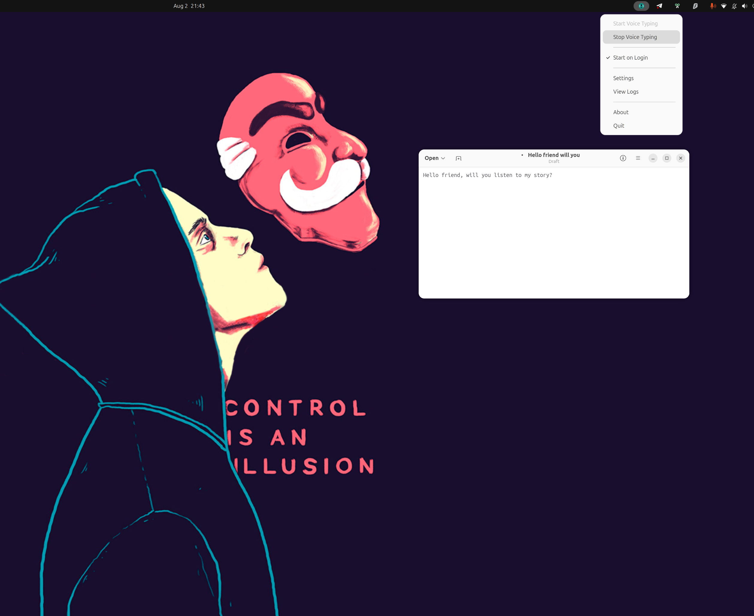 Vocalinux dictating into a text editor with the tray menu open